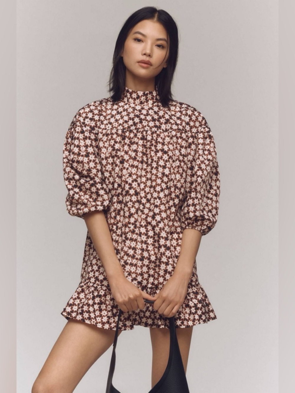 Anthropologie Long-Sleeve Mock-Neck Swing Mini Dress Cocoa Star Dot Print Large